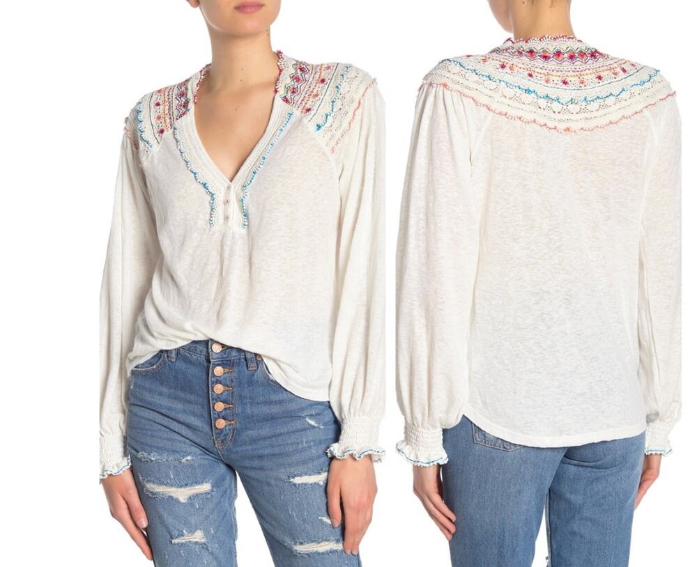 Free People Womens L White Multi Siesta Fiesta Embroidered Boho Top Long Sleeve